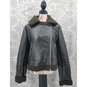 Vigoss Faux‎ black leather shearing lined aviator moto  jacket women's Size M